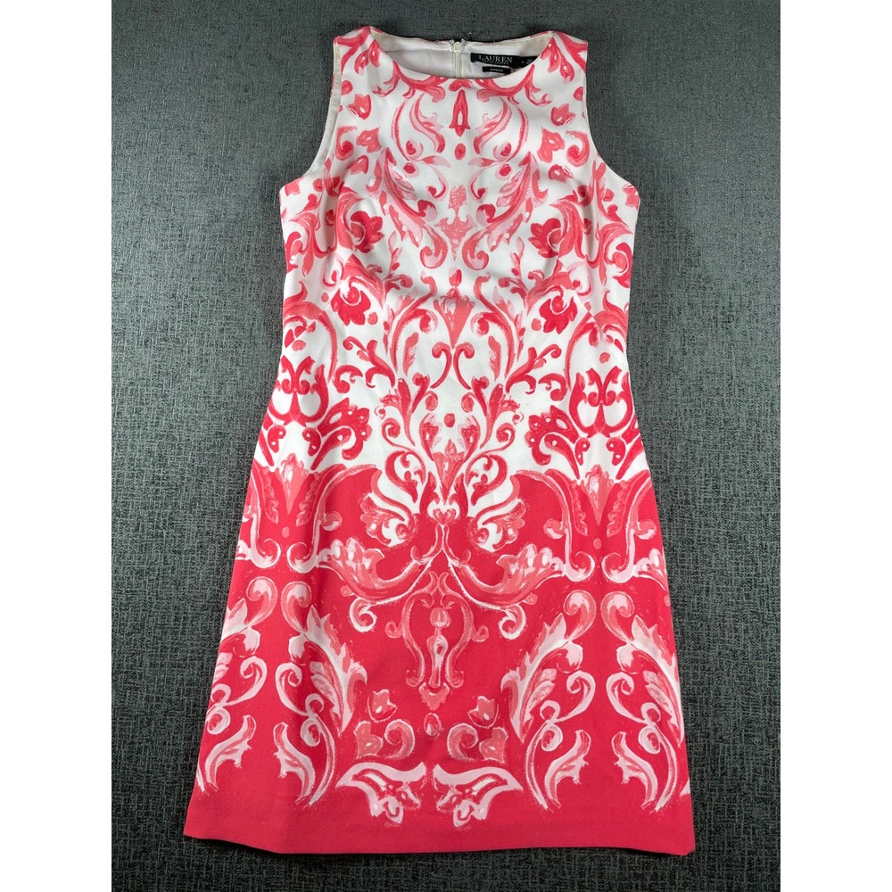 Lauren Ralph Lauren Pink White Damask Scroll Print Sleeveless Sheath Dress 6